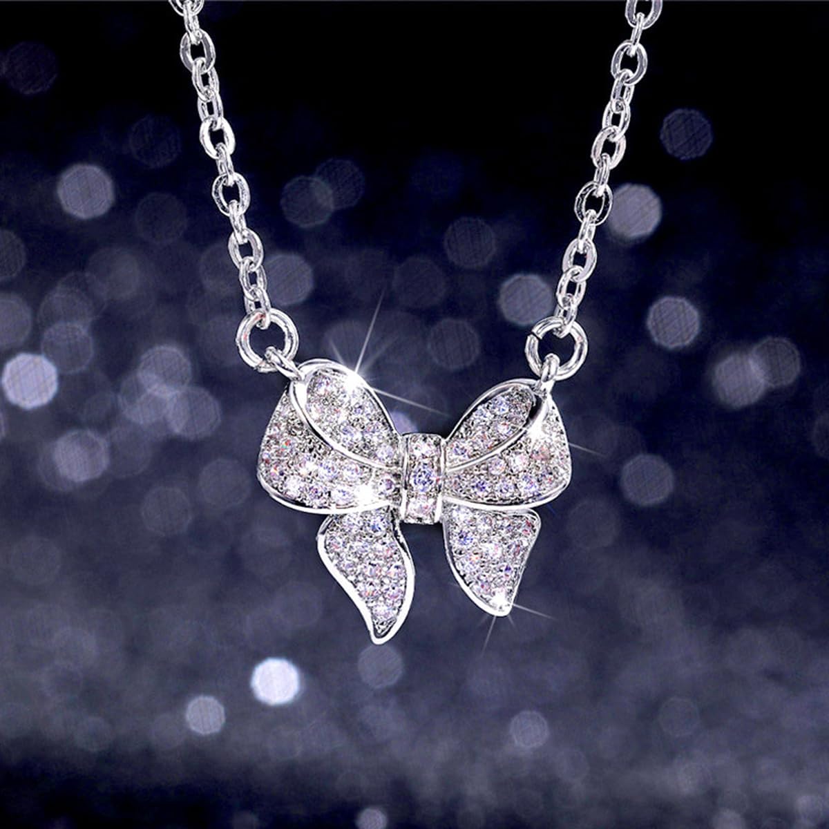 Pink Rhinestone Bow Necklace Dainty Cute Gold Silver Bow Pendent Choker Necklace Jewelry Gift - Image 3