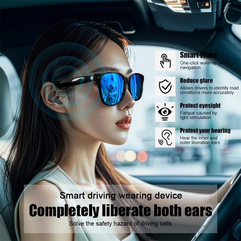 Woman driving while wearing smart glasses, illustrating features like Smart Wake, glare reduction, eye protection, and hearing protection.