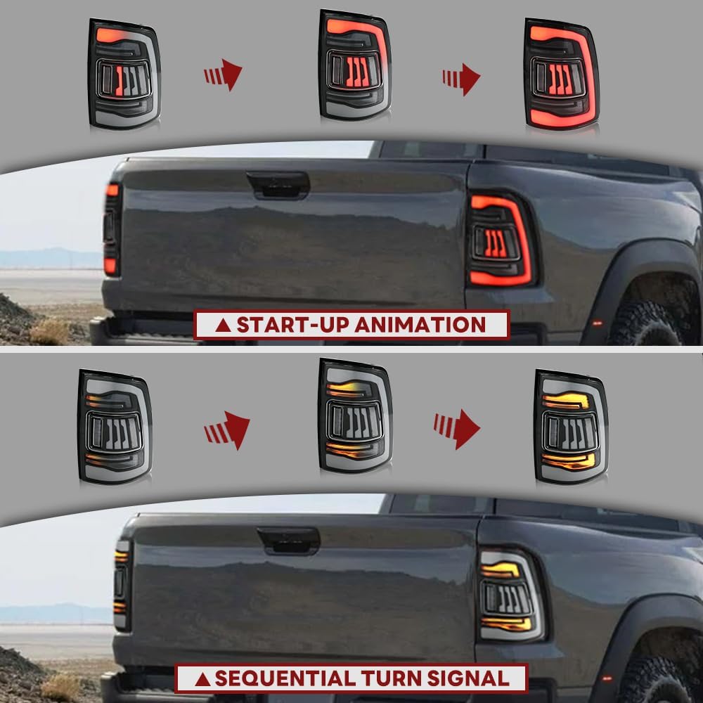 Tail Lights for Dodge Ram 1500 2009-2018 Ram 2500 3500 2010-2018 4th Gen Taillights Rear Lamp w/Startup Animation w/Amber Sequential Turn Signal Fit Led/Halogen Models(White Smoked)