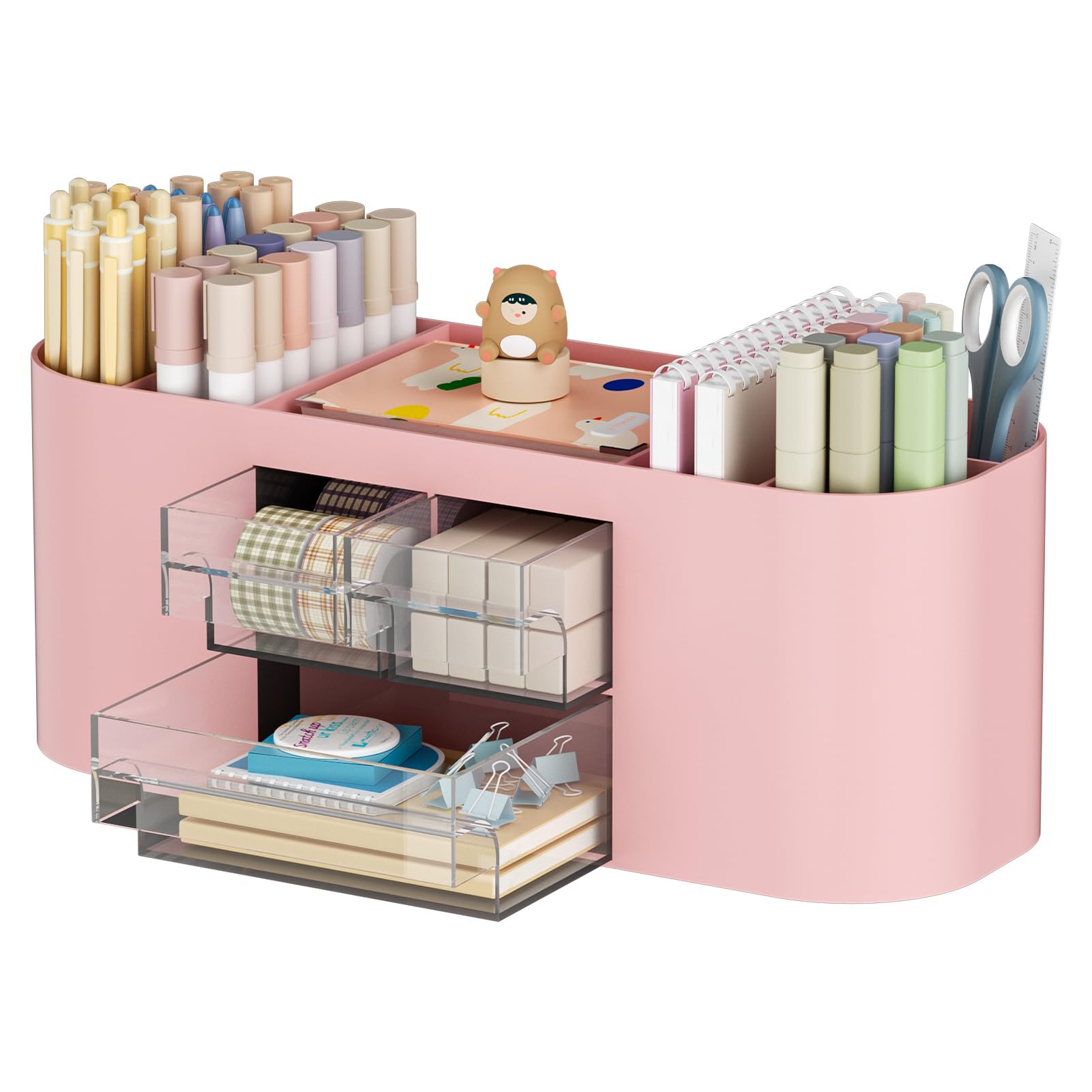 Marbrasse Organizador Escritorio con 3 Cajones,Portalapices Escritorio Multifuncional,Organizador Oficina y Accesorios con 7 Compartimentos para Casa,Escuela,Aula(Rosa)