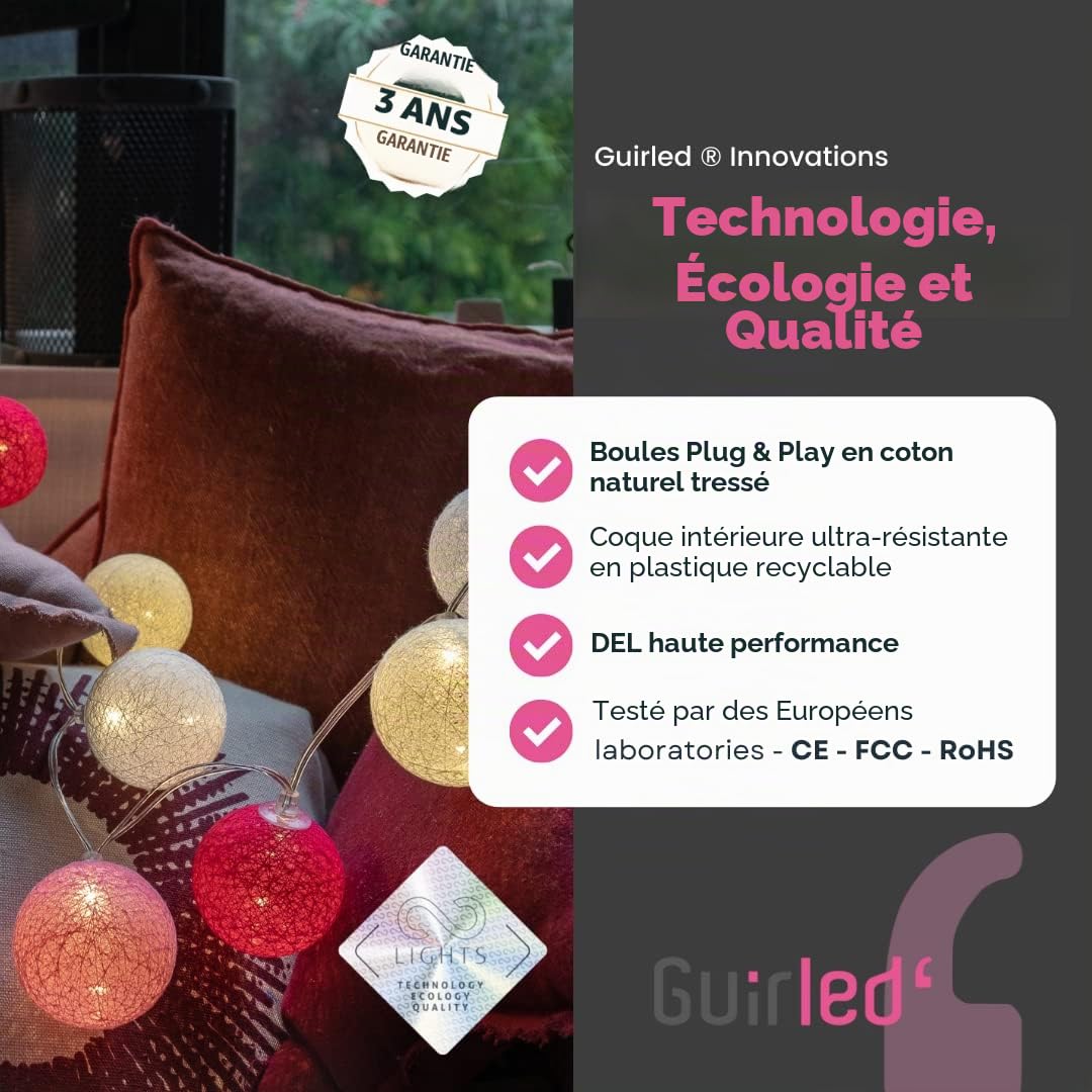 GuirLED - Guirlande lumineuse wifi boules coton LED USB - Commande Vocale - Maison connectée - Amazon Alexa & Google Assistant - Adaptateur secteur 2xUSB inclus - 24 boules 2.4 - Byzantin