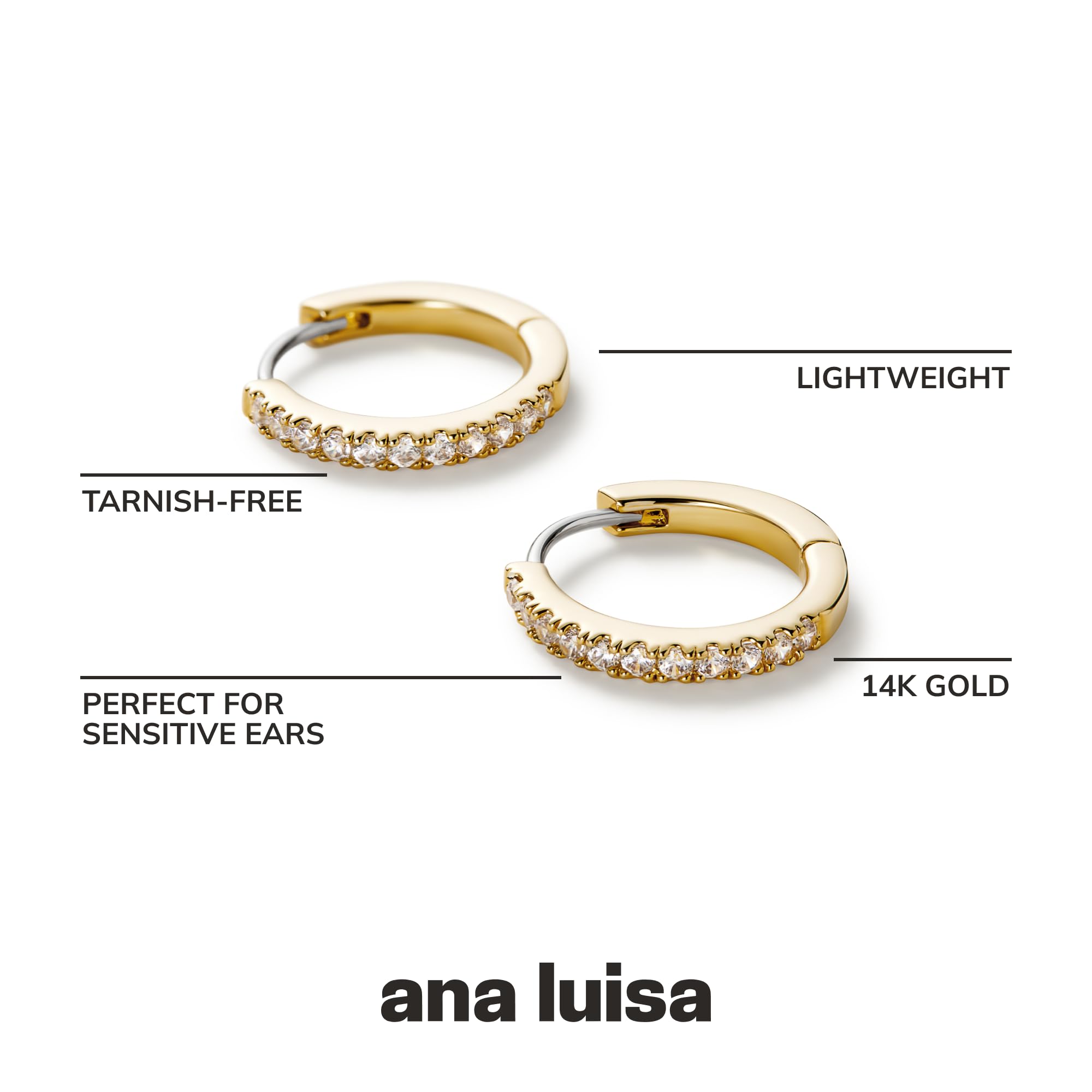 Ana Luisa Trendy Huggie Hoop Earrings for Women - 14K Gold Plated or Sterling Silver Hoop Earrings - Small, Dainty, Hypoallergenic, Water-Resistant, Tarnish-Free Hoops - Jewelry Perfect for Stacking: Gold Pave Small