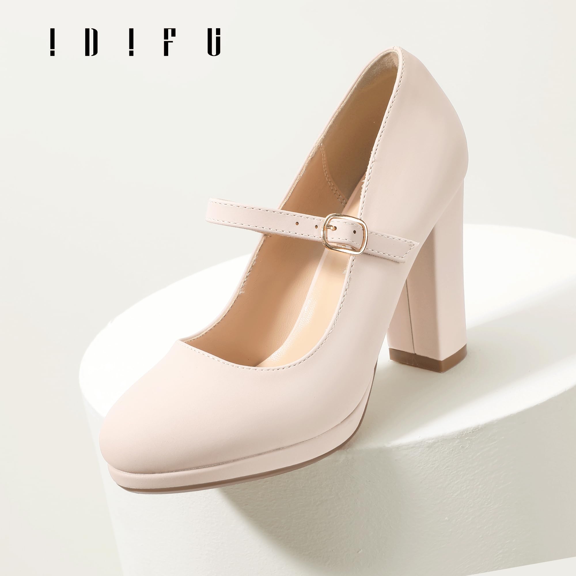 IDIFU IN4 Mary Jane Shoes Closed Toe Heels Platform High Chunky Block Heels Women's Pumps Comfortable Dress Shoes for Women Wedding Bridal Work Fashion Round Toe Pumps Shoes: 9.5 Nude Nubuck