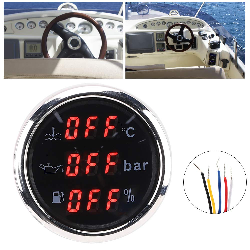 Indicatore Multifunzione 3 in 1 Indicatore Digitale Temperatura Dell'acqua di Raffreddamento Pressione Dell'olio Volume Dell'olio 52MM con Funzione di Allarme Per Car Boat RV(Piastra frontale nera)