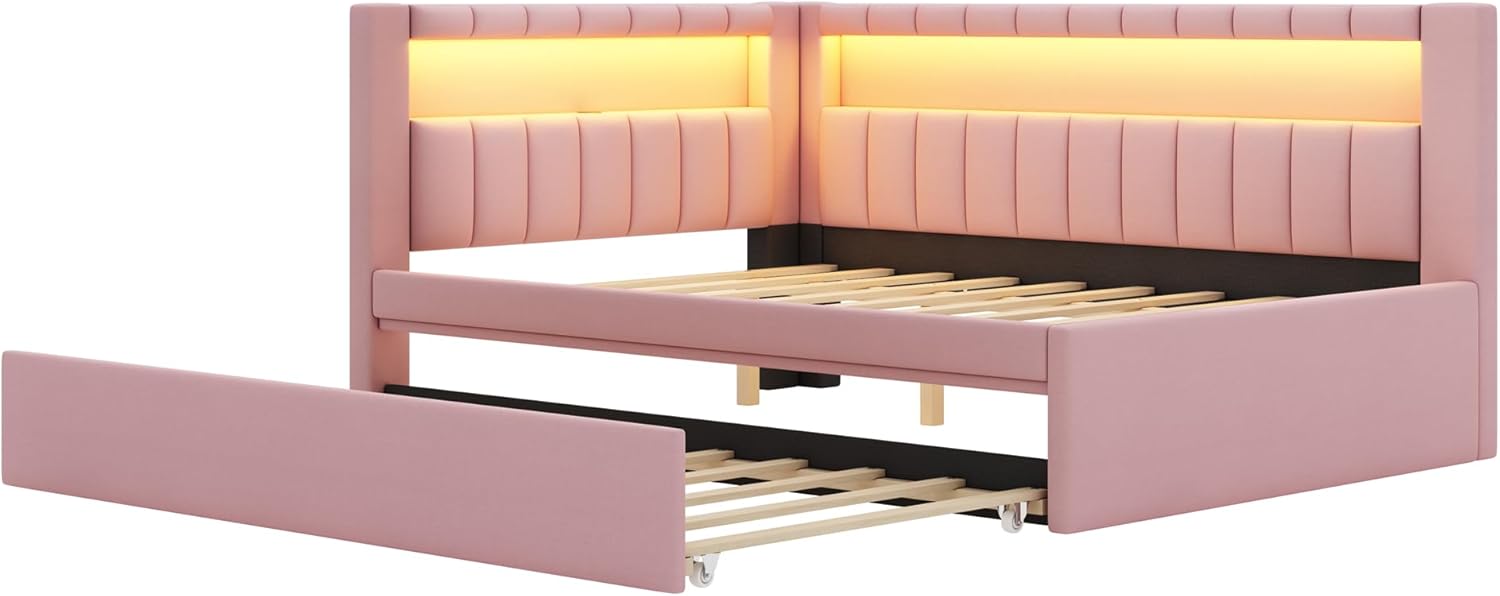 Full Size Upholstered Daybed with Trundle and LED, USB-Ports, L-Shaped Corner Unit Sofa Day Bed Frame with Storage Bookshelf, Girls, Kids, Adults, Boys, Pink