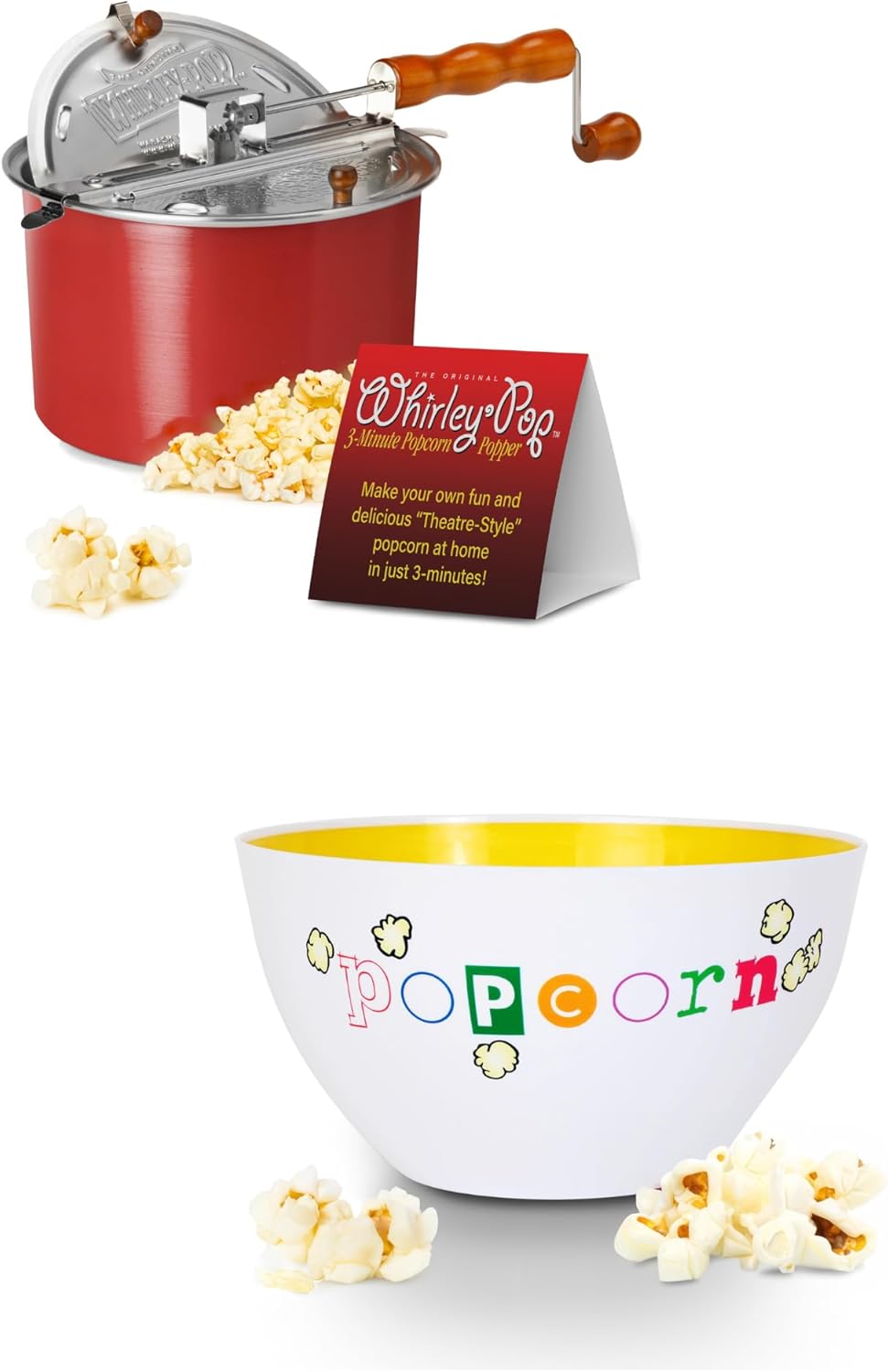 Original Whirley-Pop Popcorn Popper - Nylon Gear - Red and Fun Time Plastic Popcorn Bowl - Wabash Valley Farms Large Plastic Bowl for Popcorn