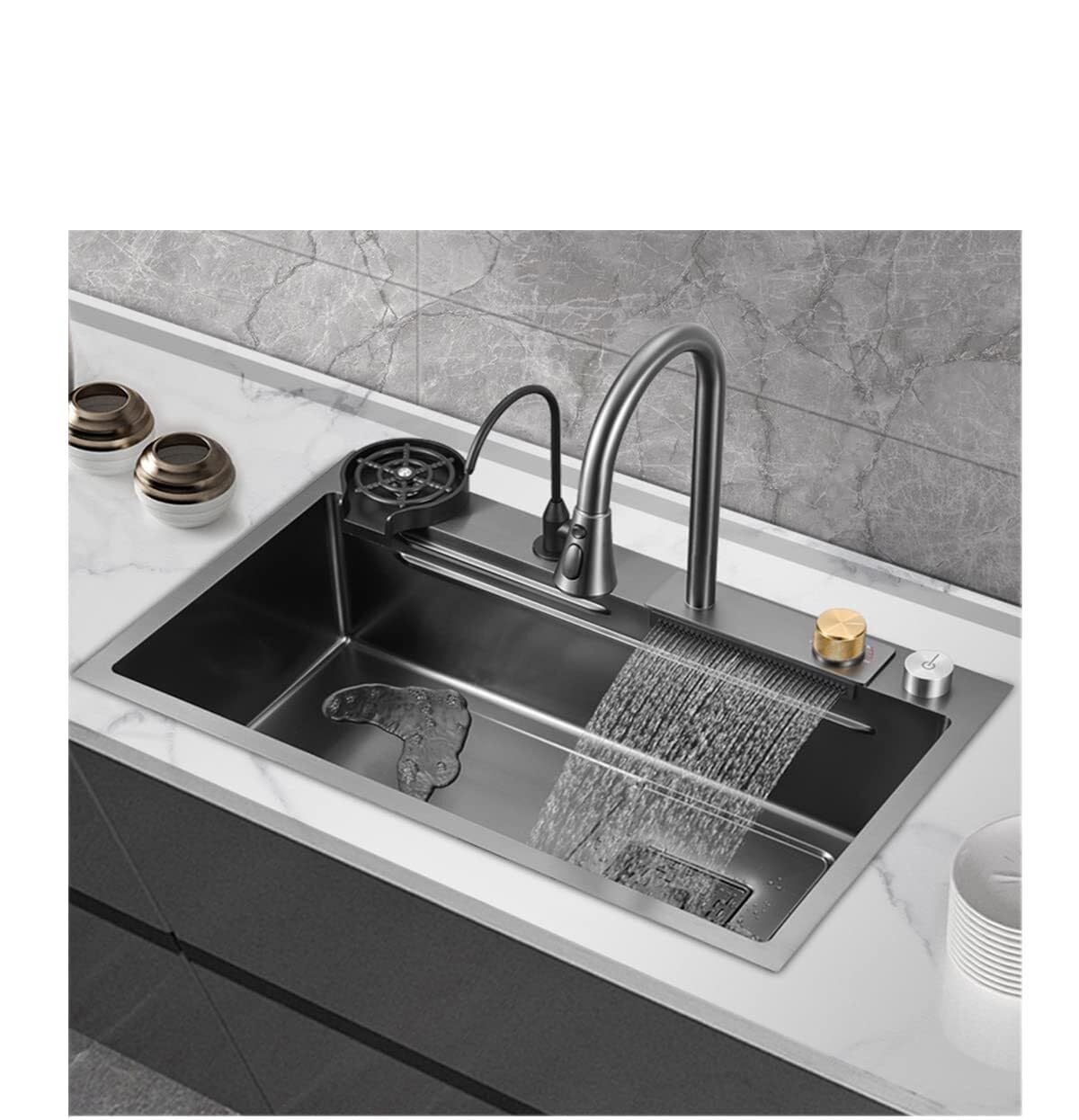 WBJGUOD Premium Single Bowl Workstation Kitchen Sink Set with Pull-Out Faucet and Accessories(68x45cm)