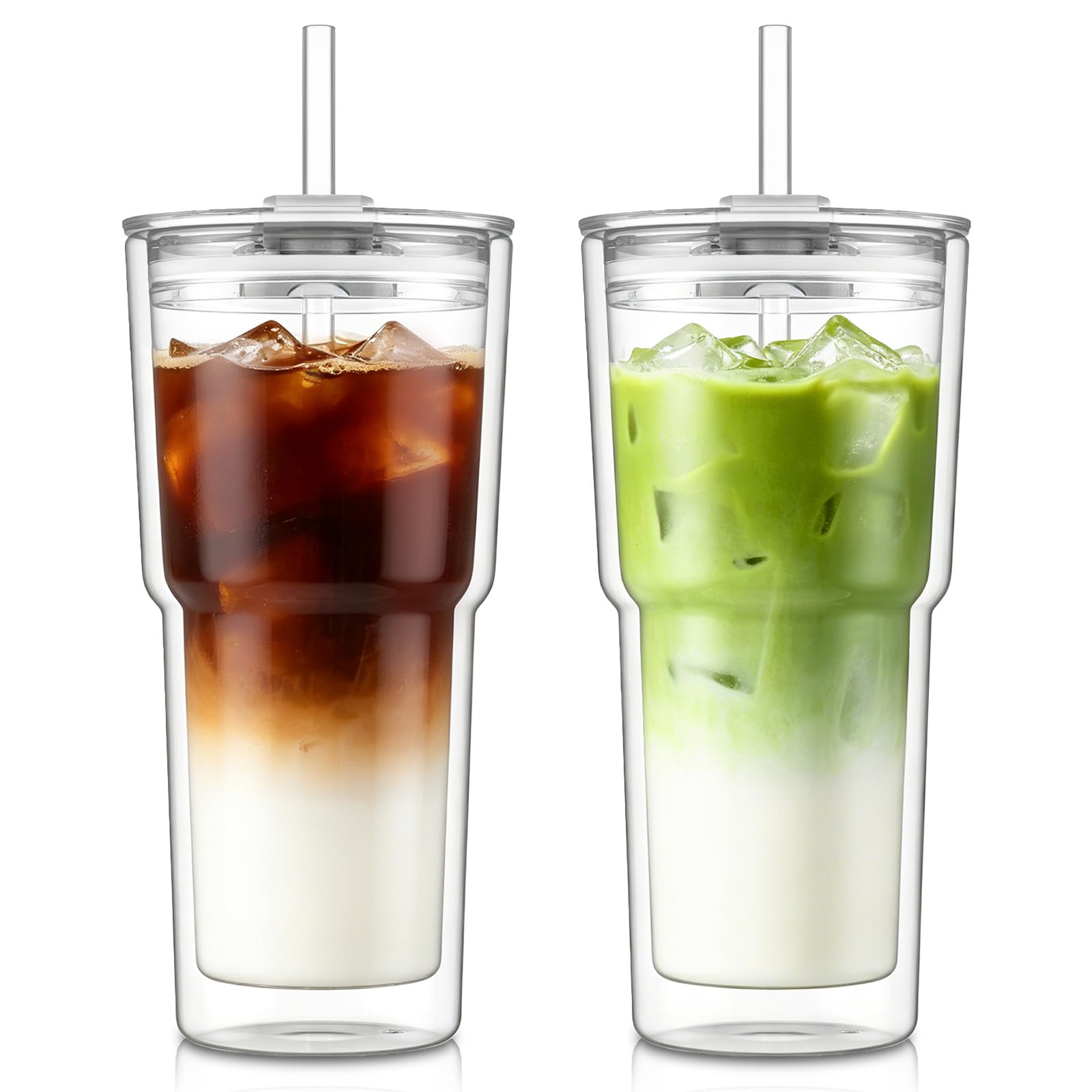 KEMORELA 2 Pack Double-Walled Glass Cups 600ml with Lids & Straws