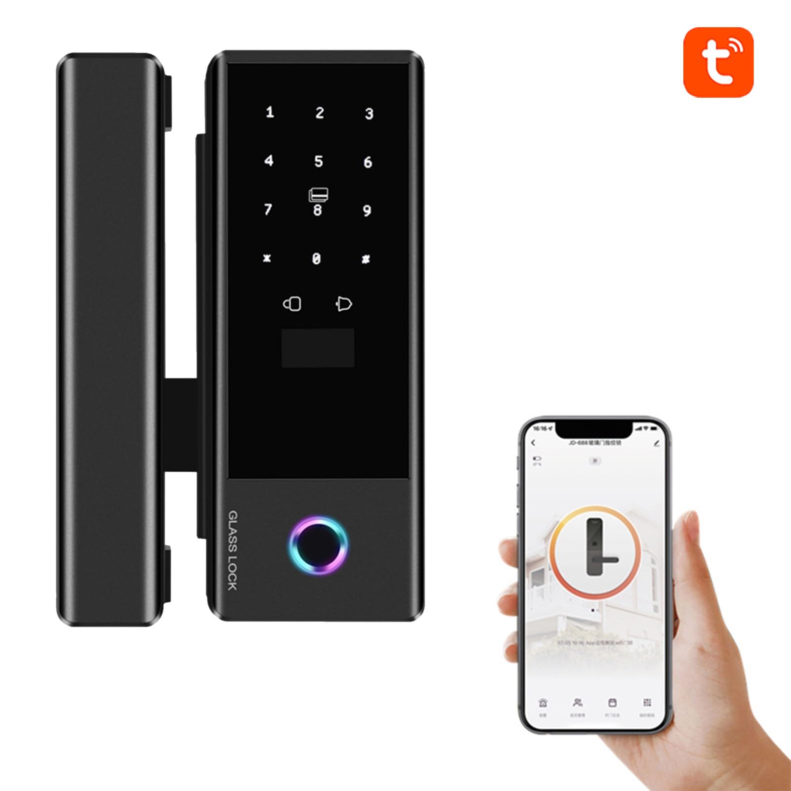 Smart Lock Serratura per Porta in Vetro WiFi Sblocco Remoto Impronta Digitale Password Scheda IC Chiave Meccanica Ingresso Sicuro per Ufficio Domestico, Adatto Porta in Vetro, con Cornice