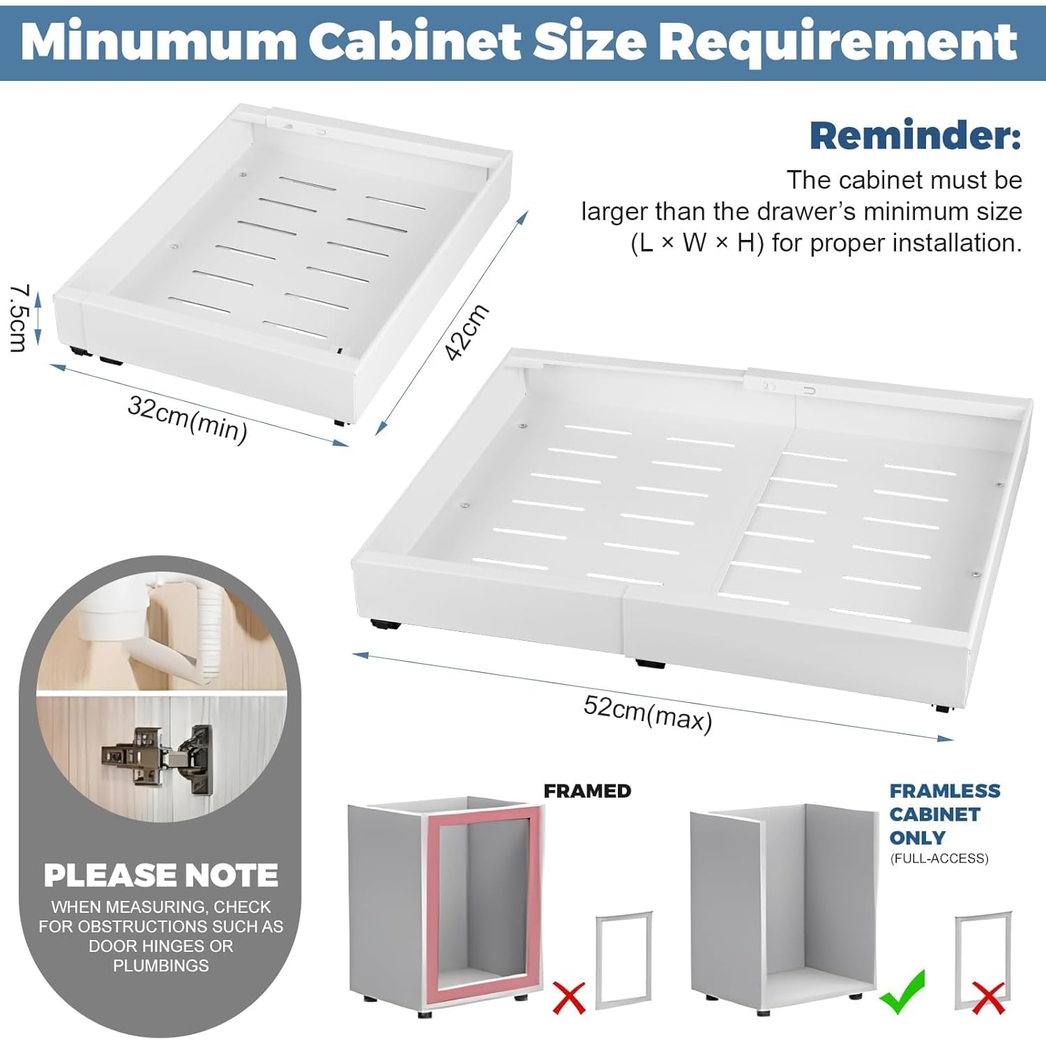 2 cassetti telescopici con sistema a binario, cassetto estraibile da cucina senza foratura, cassetto estraibile per mobili da cucina, organizer per cassetti (2 pezzi bianchi, 32x52cm)