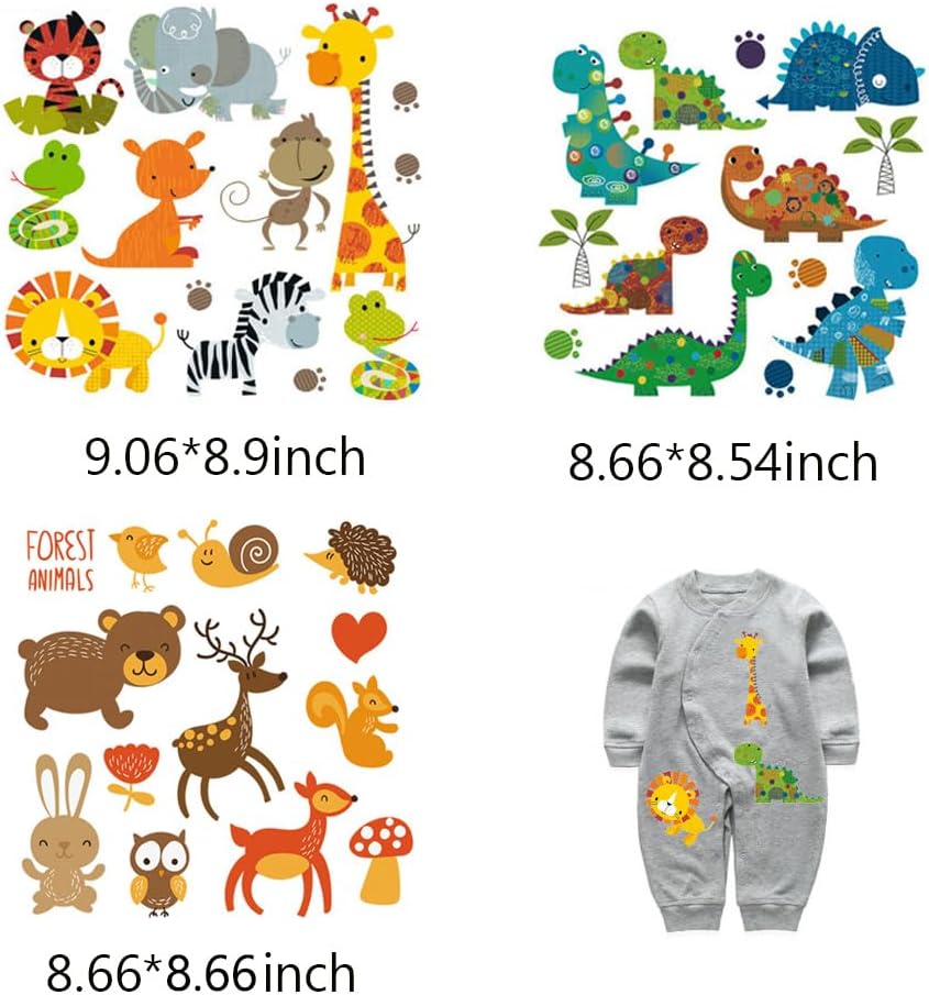 Baby Iron on Patches Cute Heat Transfer Stickers Lion Dinosaurs Giraffe Tiger Snake Cartoon Animal Appliques for Kids Boys Girls Clothes T-Shirt Swimsuit Jeans Washable DIY 3 Sheets
