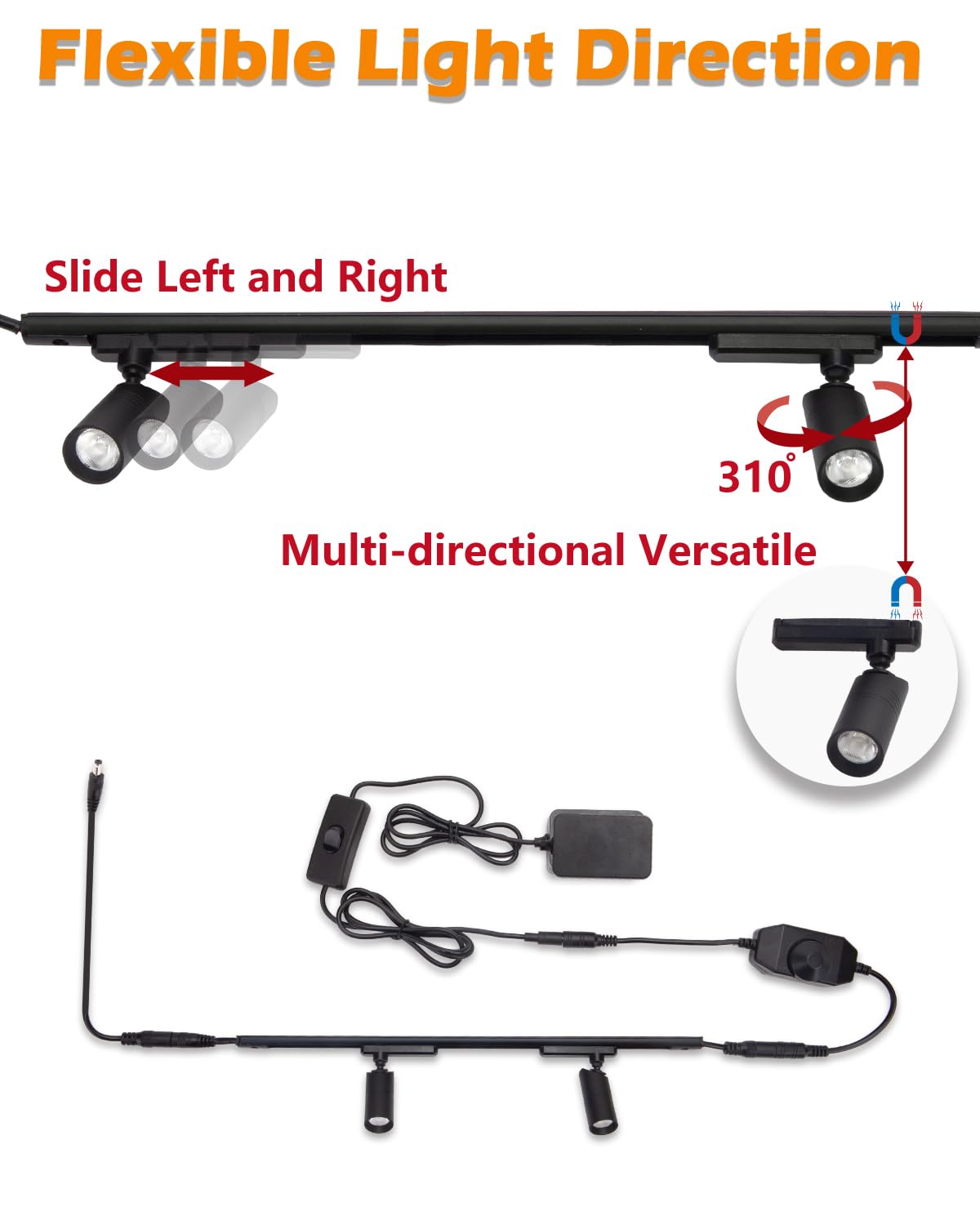 Cefrank Mini Focos de Riel Magnético - 2 Cabezales Giratorios, Sistema de Iluminación Regulable - Riel Negro de 30 cm, Base Magnética, 2 Luces - 6000K Blanco