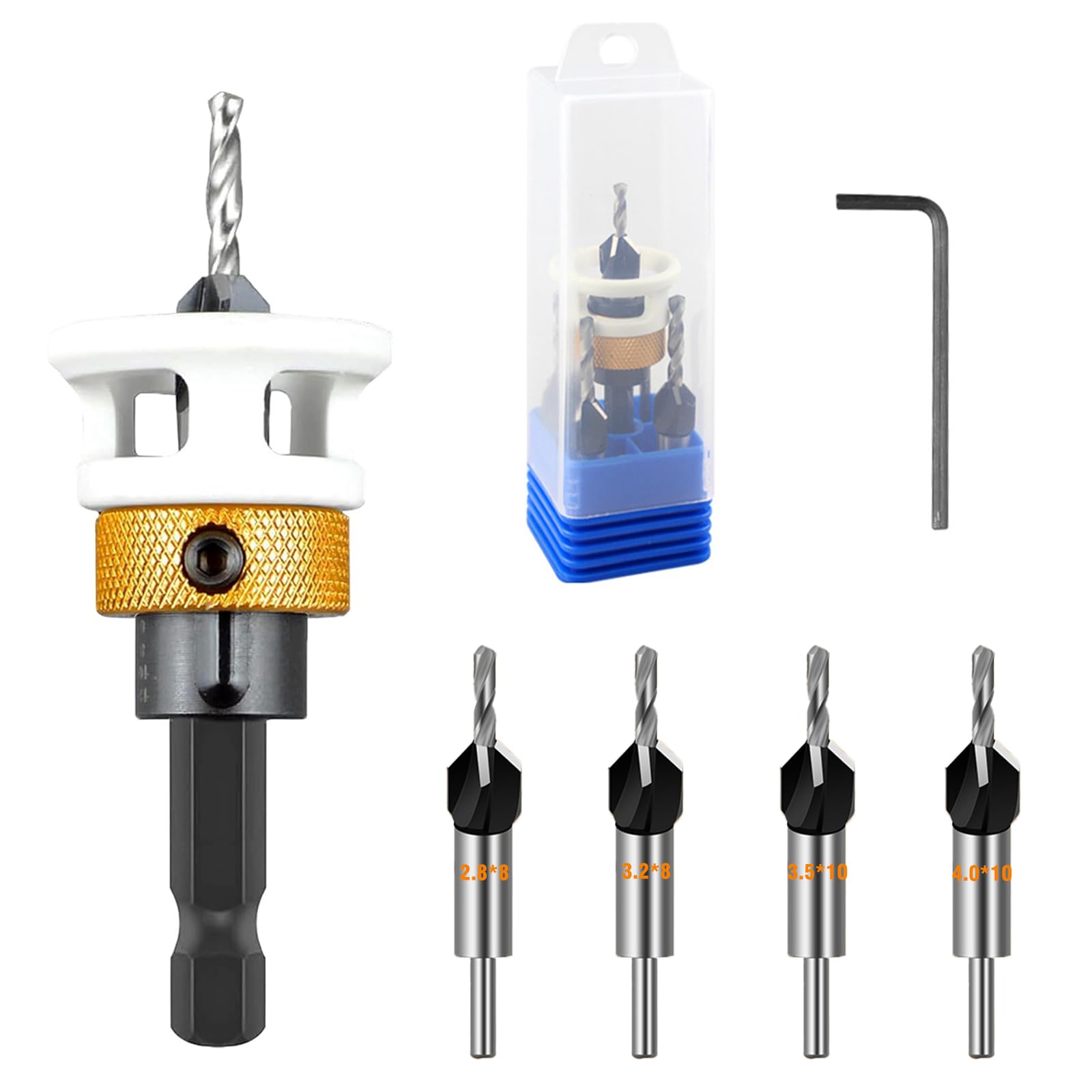 Professional Grade Countersink Drill Bits Set including Depth Stop, Adjustable Depth Woodworking Hex Shank Counter Bit