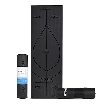 Fitness Mantra® TPE 6mm Body Alignment Lines Yoga Mat with Cover Bag for Gym Workout and Yoga Exercise for Men & Women Fitness| 1 Piece| 6mm| 24"x72"| Alignment Lines | Black Color| - image, photos