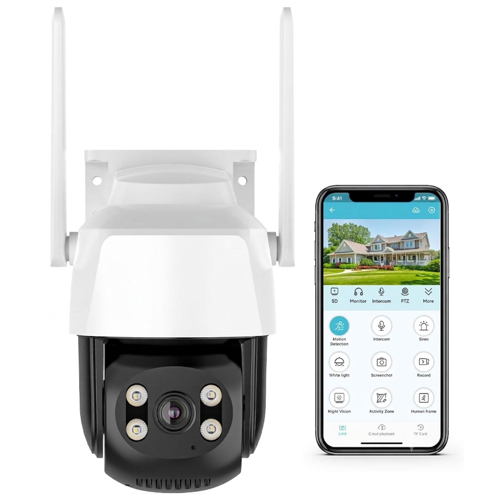 Nuwo 2K Telecamera Wi-Fi Esterno PTZ | 270°Pan/90°Tilt | Videocamera Sorveglianza IP Visione Notturna a Colori | Audio Bidirezionale | Rilevamento del Movimento | Allarme Sonoro e Luminoso | IP66