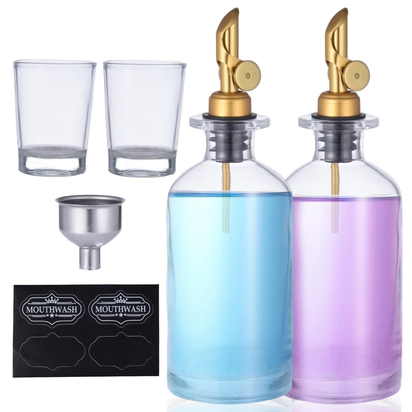 Mundspülspender aus Glas – 350 ml Mundspül-Spender-Flaschen-Set, Aufsatz-Badezimmer-Mundspülspender-Set, nachfüllbarer Glas-Mundspülbehälter für Zuhause