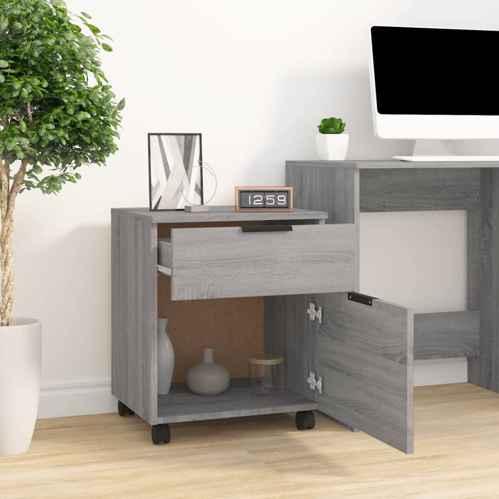 ARKEM Cassettiera, Mobiletto da Ufficio con Serratura,Regolabile per Cartelle Sospese, Superficie Testurizzata, per Ufficio, Studio,Schedario con Ruote Grigio Sonoma 45x38x54 cm Legno Multistrato