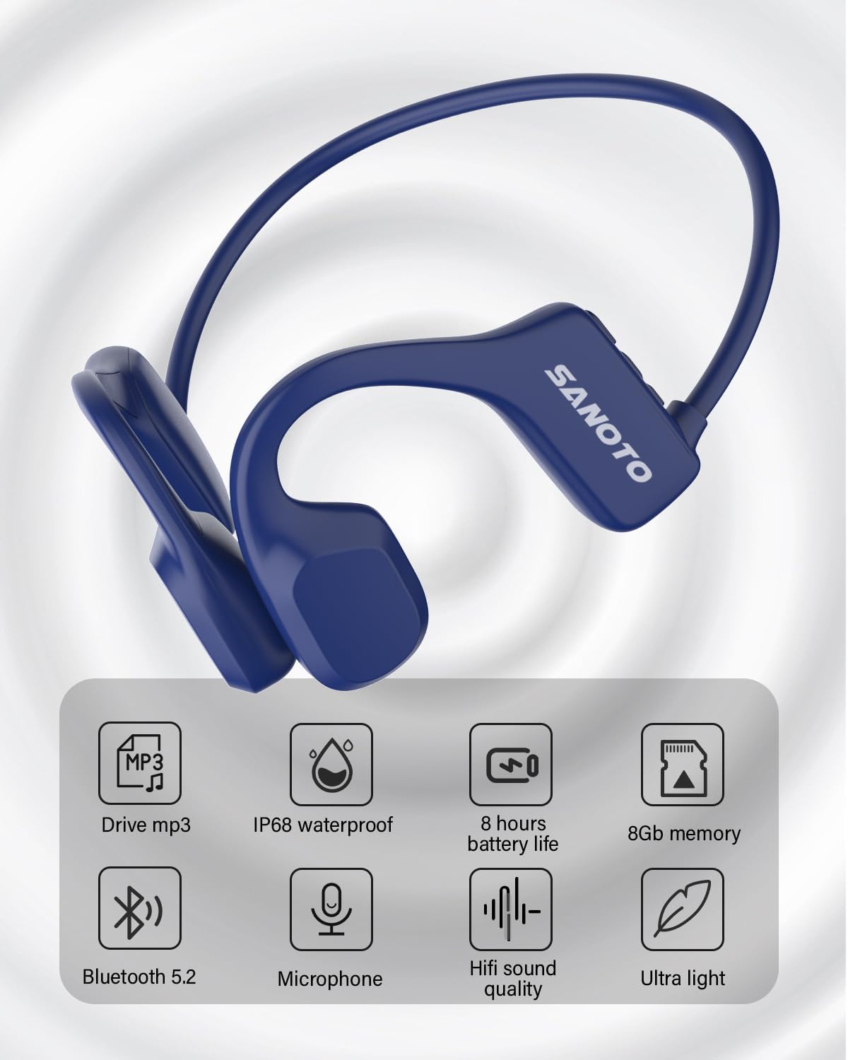SANOTO Cuffie da nuoto Bluetooth 5.2 con suono osseo, IP68, cuffie subacquee da nuoto, 8 G, MP3, per nuoto, corsa, surf