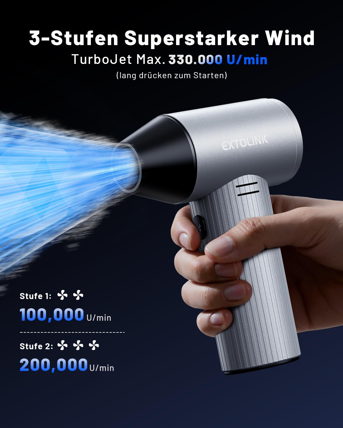 Elektrische Staubgebläse 330,000 U/min Druckluftspray mit 3-Speed TurboJet Mode, 7500mAh Akku & PC Cleaning Druckluft Kit, Compressed Air Duster für Desktop, PC, Tastatur, Laptop, Car