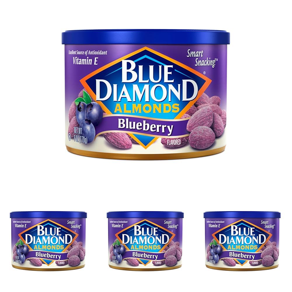 Blue Diamond Almonds, Classic Blueberry Flavored Sweet Snack Nuts perfect size for On-the-go, Lunch, Adults and Kids, 6oz Can (Pack of 4)