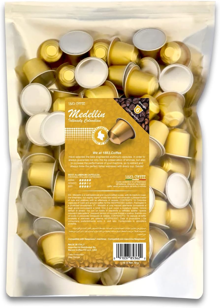 100 Coffee Capsules in 100% Aluminum Recyclable to Infinity, Medellin Blend Intensity 3/5, Box with 100 Loose Capsules Compatible with Nespresso Machine, Made in Italy