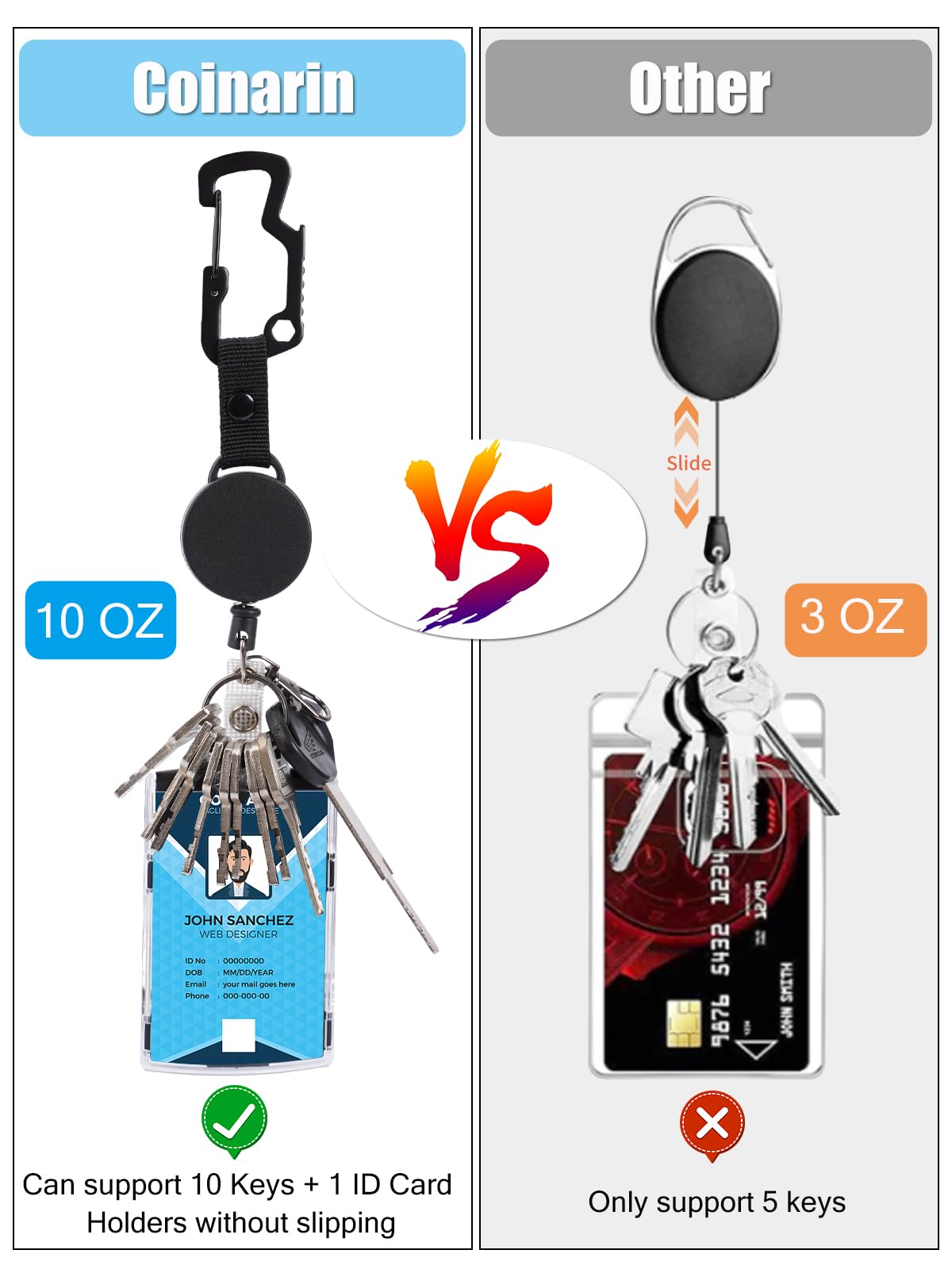 Intrekbare sleutelhanger, zwaar uittrekbaar koord, uitschuifbare intrekbare sleutelhanger met staaldraad, intrekbare ID-badgeshouder (zwart wit