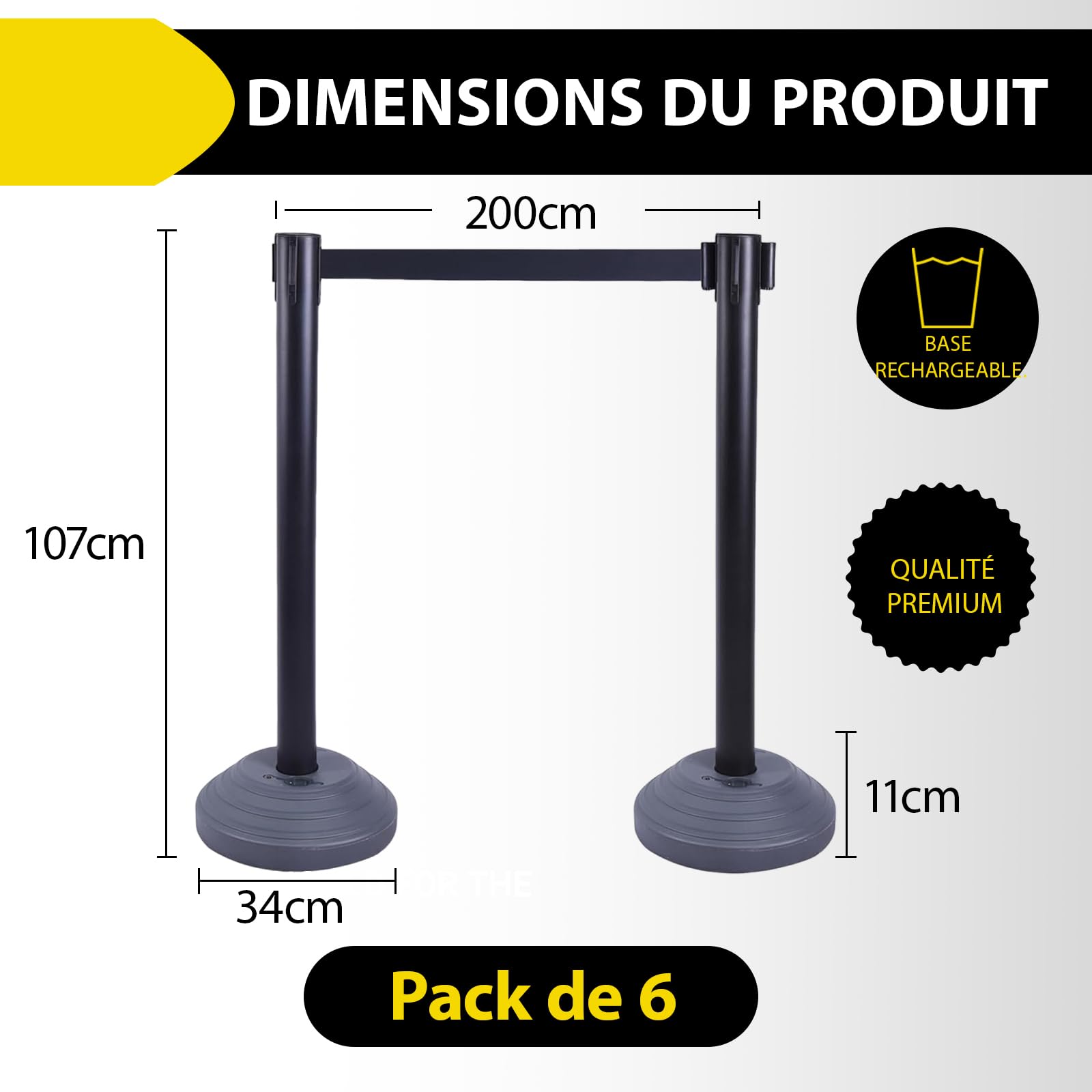 Lot de 6 poteaux de délimitation, en acier inoxydable, avec sangles rétractables de 200 cm, socle à remplir, gestion des files d'attente, utilisés dans les hôtels et les salles d'exposition (noir/noir