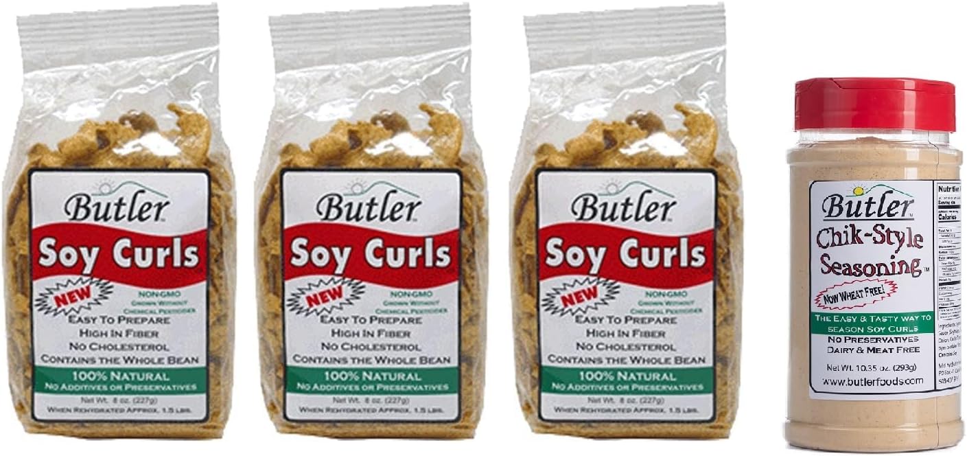 Butler Soy Curls 3 Pack - 3 x 8 oz bags + 10.35 oz Chik-Style Seasoning