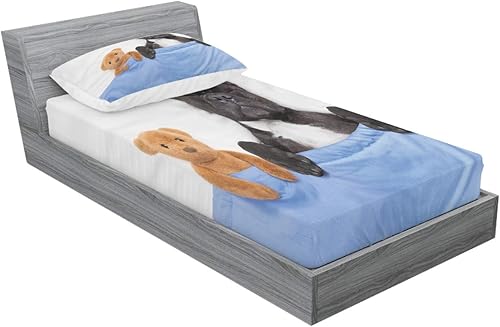 Miniatura 2 de Ambesonne Juego de sábanas bajeras y fundas de almohada, diseño de oso de peluche dormido de bulldog francés en cama acogedora, imagen de sueños