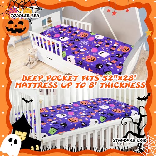 Image of Cloele Halloween Pumpkin Crib Sheet Ghost Fitted Sheet for Boys Girls - Spider Baby Nursery Sheet Cozy Bed Sheet for Standard Crib and Toddler Mattresses - Purple Crib Mattress Infant Toddler Sheet