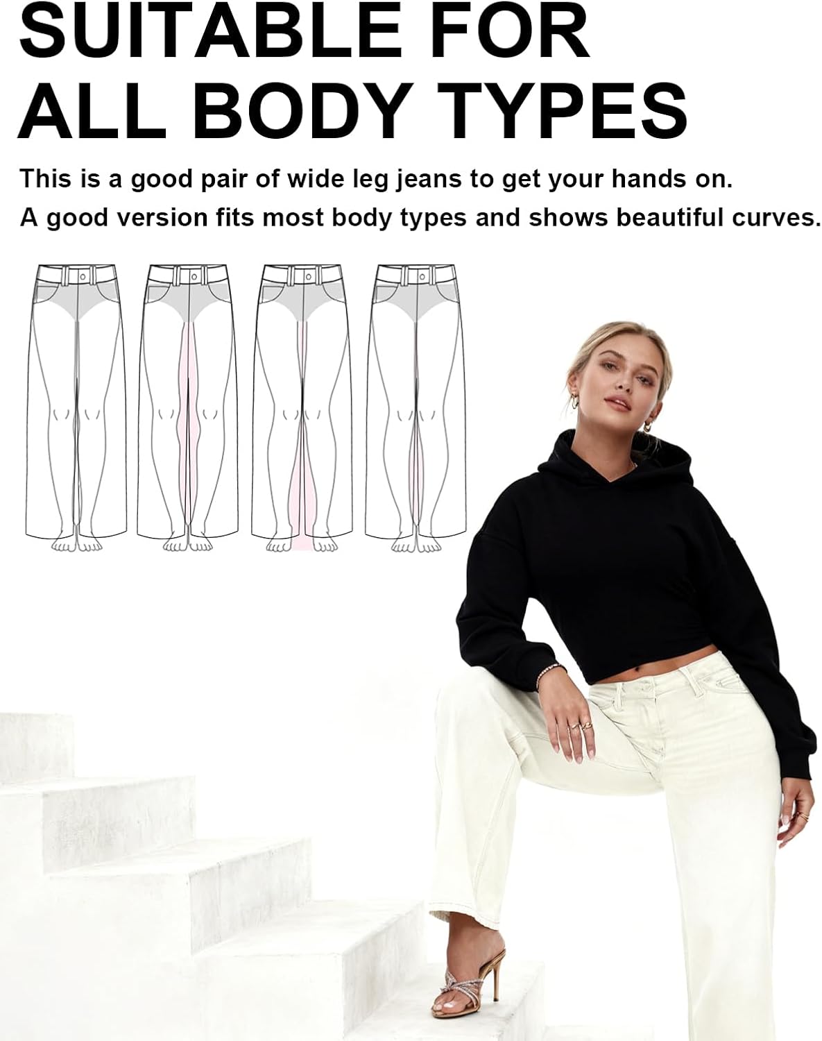 ONESO Mid-Low Rise Baggy Jeans Wide Leg for Women Distressed Pants Stretchy Bottom Lady Basic Comfortable Denim