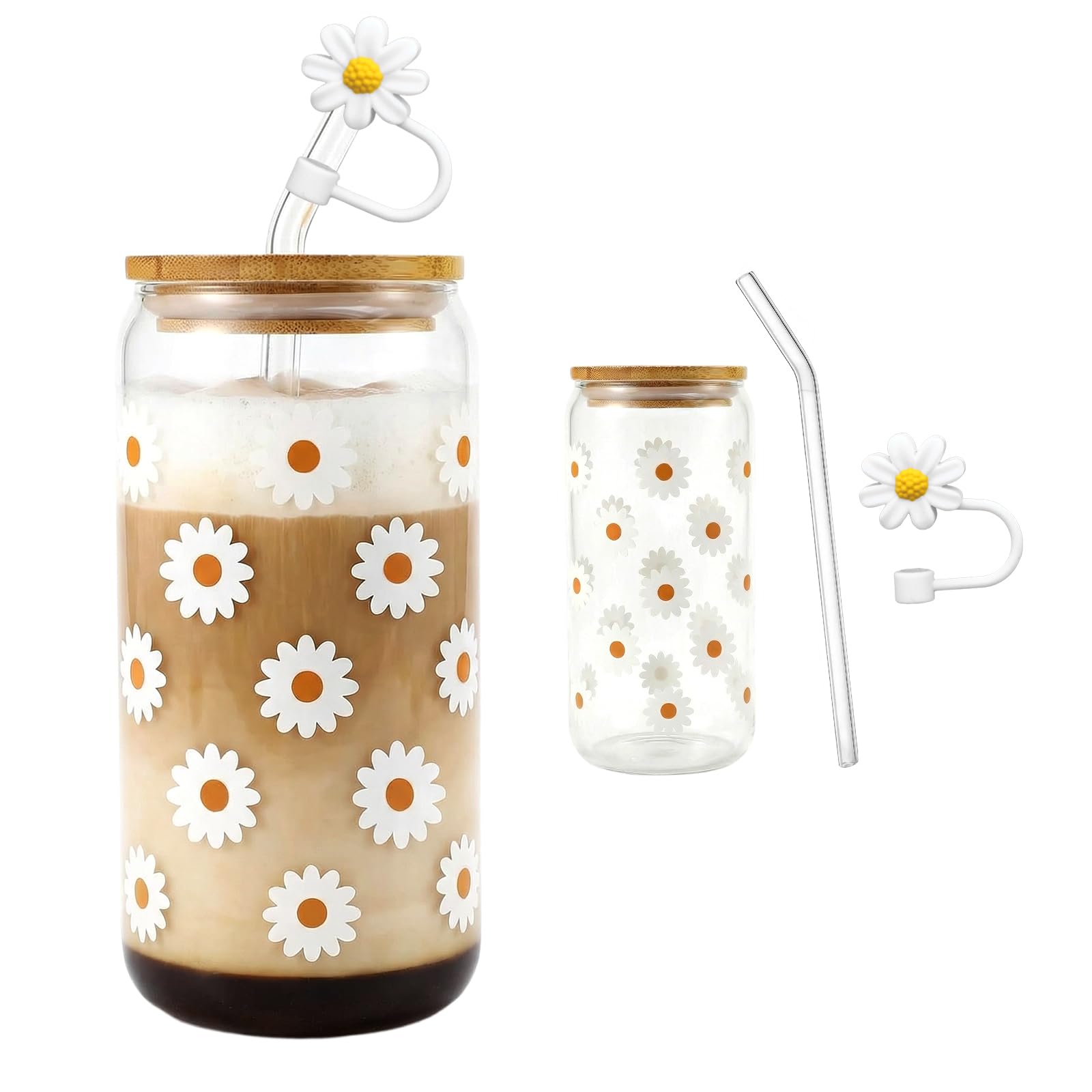 xianynow Aesthetic Glass 16 OZ, Flower Glass Cup with Lid and Straw – Ideal for Iced Coffee, Smoothies, and More – Daisy Pattern Design for a Chic Touch