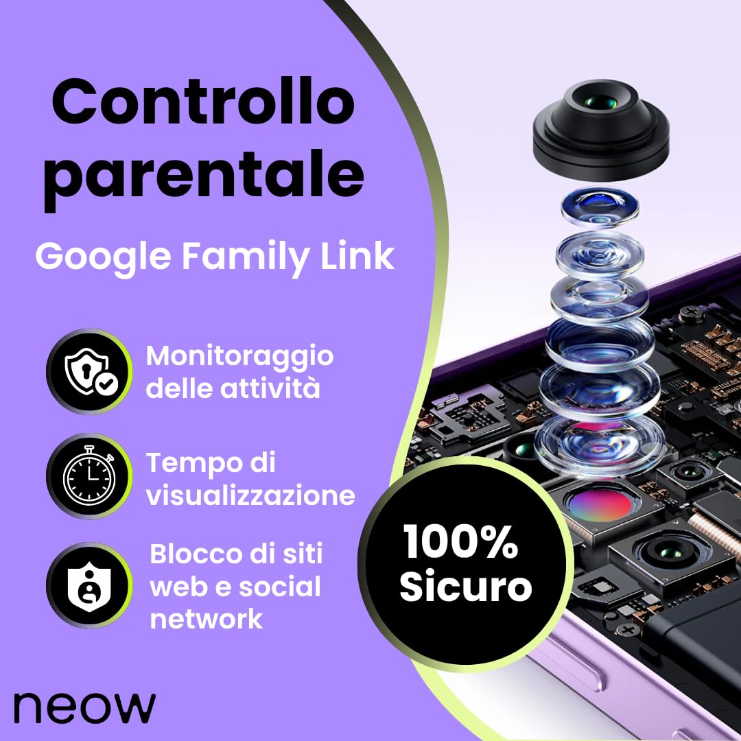 Neow Safe + Smartphone Android 15 4G 128 Go | Schermo HD+ da 6,52" | Smartphone per adolescenti | App scolastiche e divertenti preinstallate | Controllo genitori (nero)