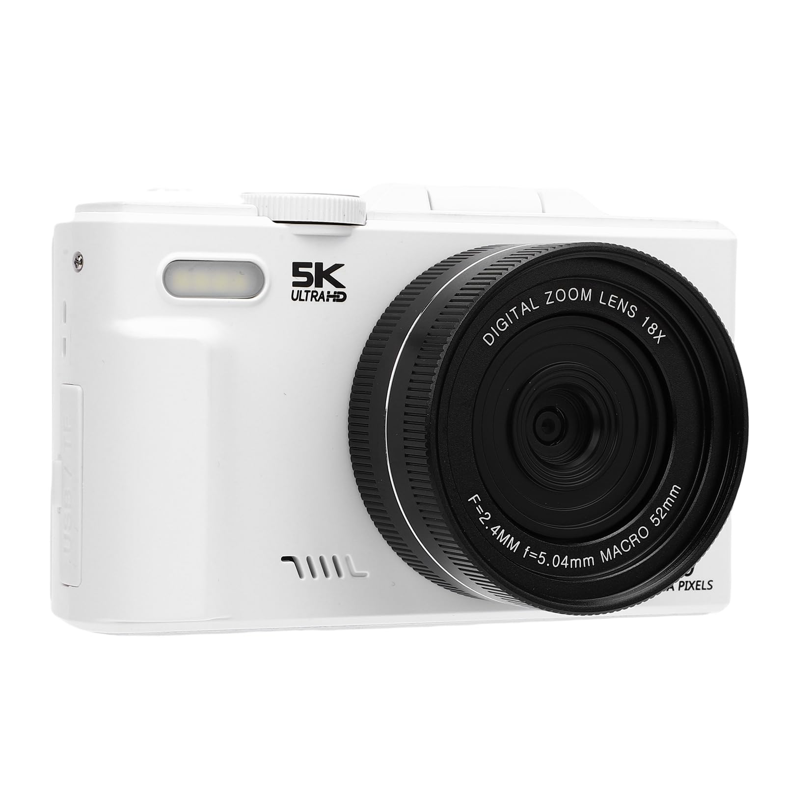 Cámara Digital 5K, Cámara Vlog WiFi con Zoom de 75MP 18X, de Viaje con Pantalla Abatible de 3 Pulgadas y 180 Grados, Luz LED para Fotografía de Vlogging Selfie de Viaje (White)