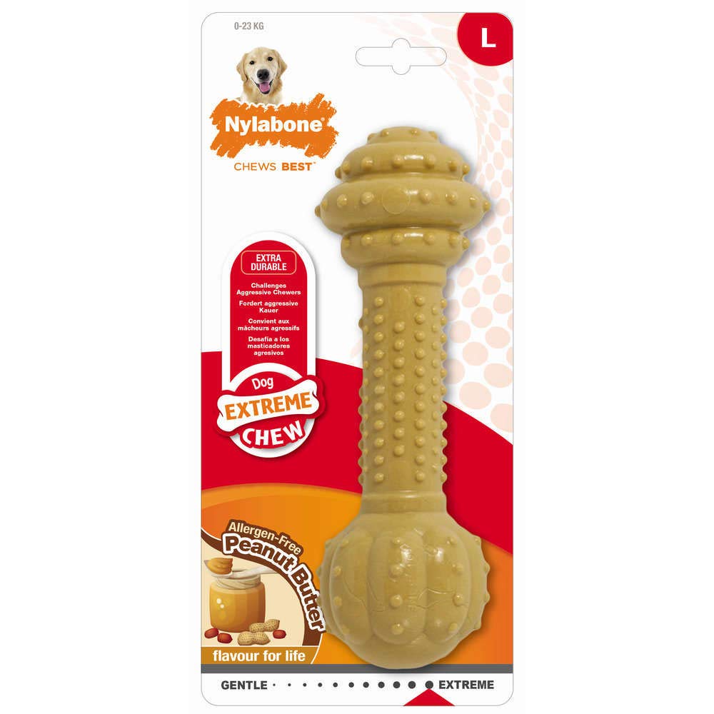 Nylabone Peanut Butter Flavoured Faux Barbell Bone Dog Chew Toy (Large) (Brown)