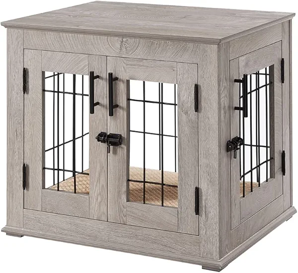 beeNbkks Furniture Style Dog Crate End Table, Double Doors Wooden Wire Dog Kennel with Pet Bed, Decorative Pet Crate Dog House Indoor Medium Large