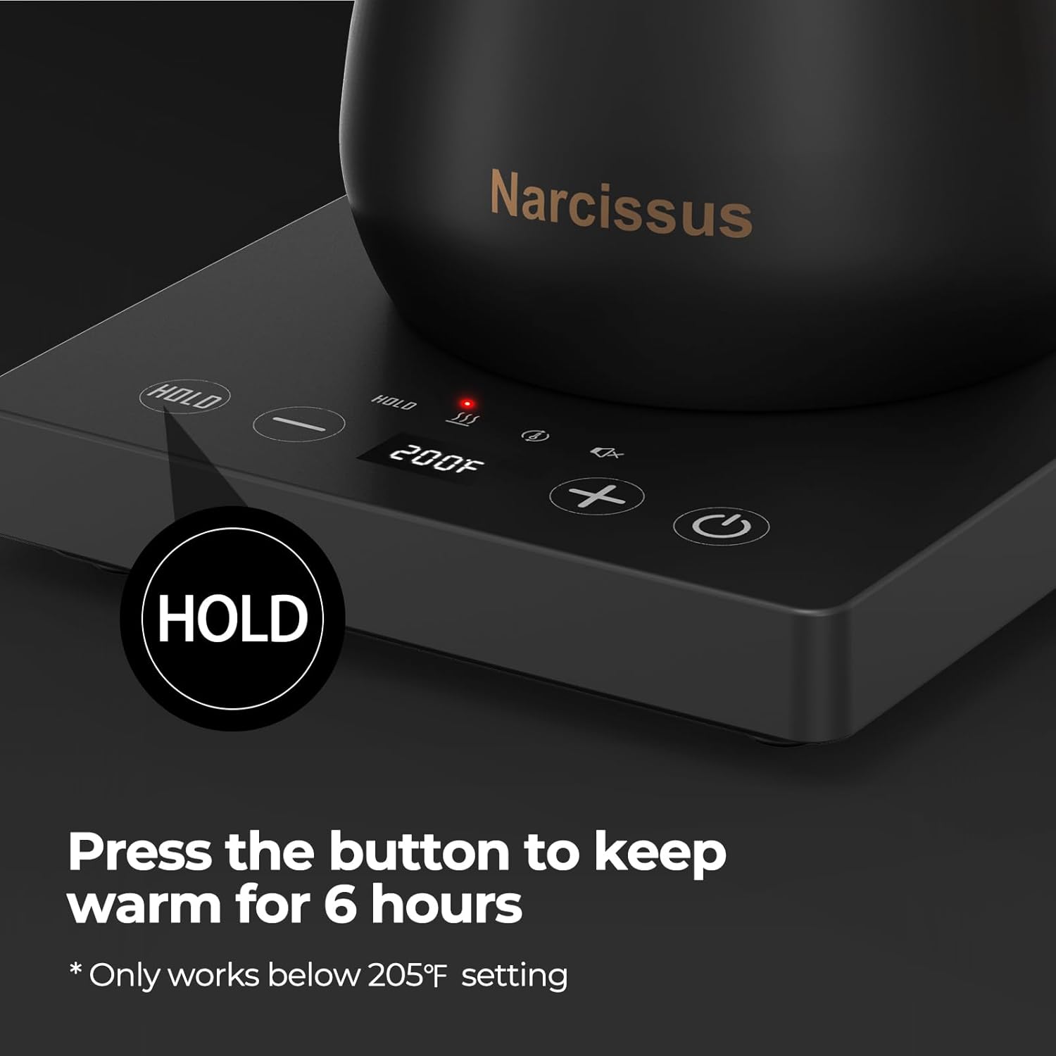 Narcissus P901 Gooseneck Electric Kettle with ±1℉ Temperature Control Function, 1200 Watt Rapid Boiling in 5 Mins, Max 6 Hours Keeping Warm, 304 Stainless Steel Interior, BPA Free, Black