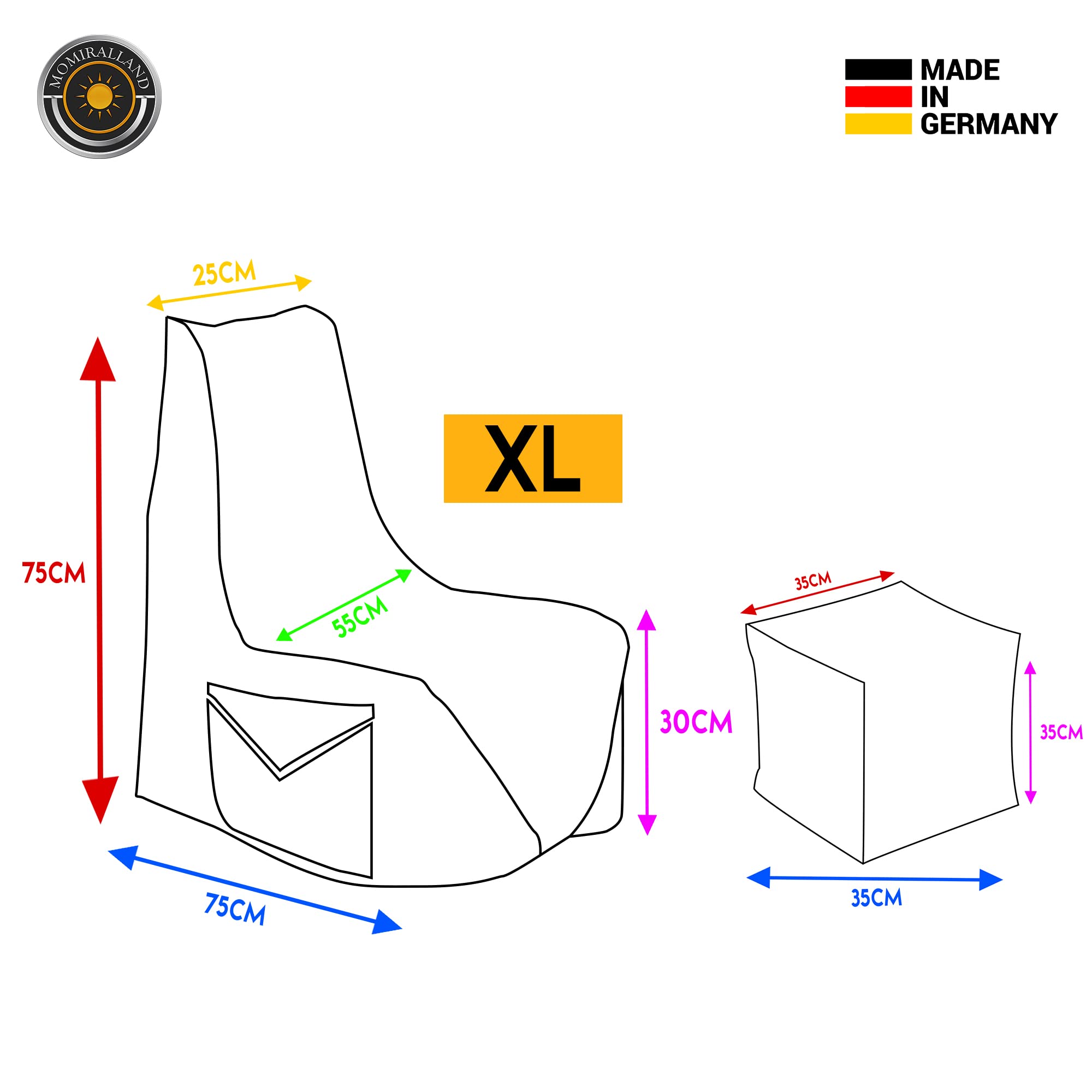 Komfort Sitzsack XL - XXL mit Hocker Sitzkissen BodenKissen Sessel In- & Outdoor geeignet Gaming Sitzsack für Erwachsene und Kinder (Anthrazit, XL - Durchmesser 75 cm)