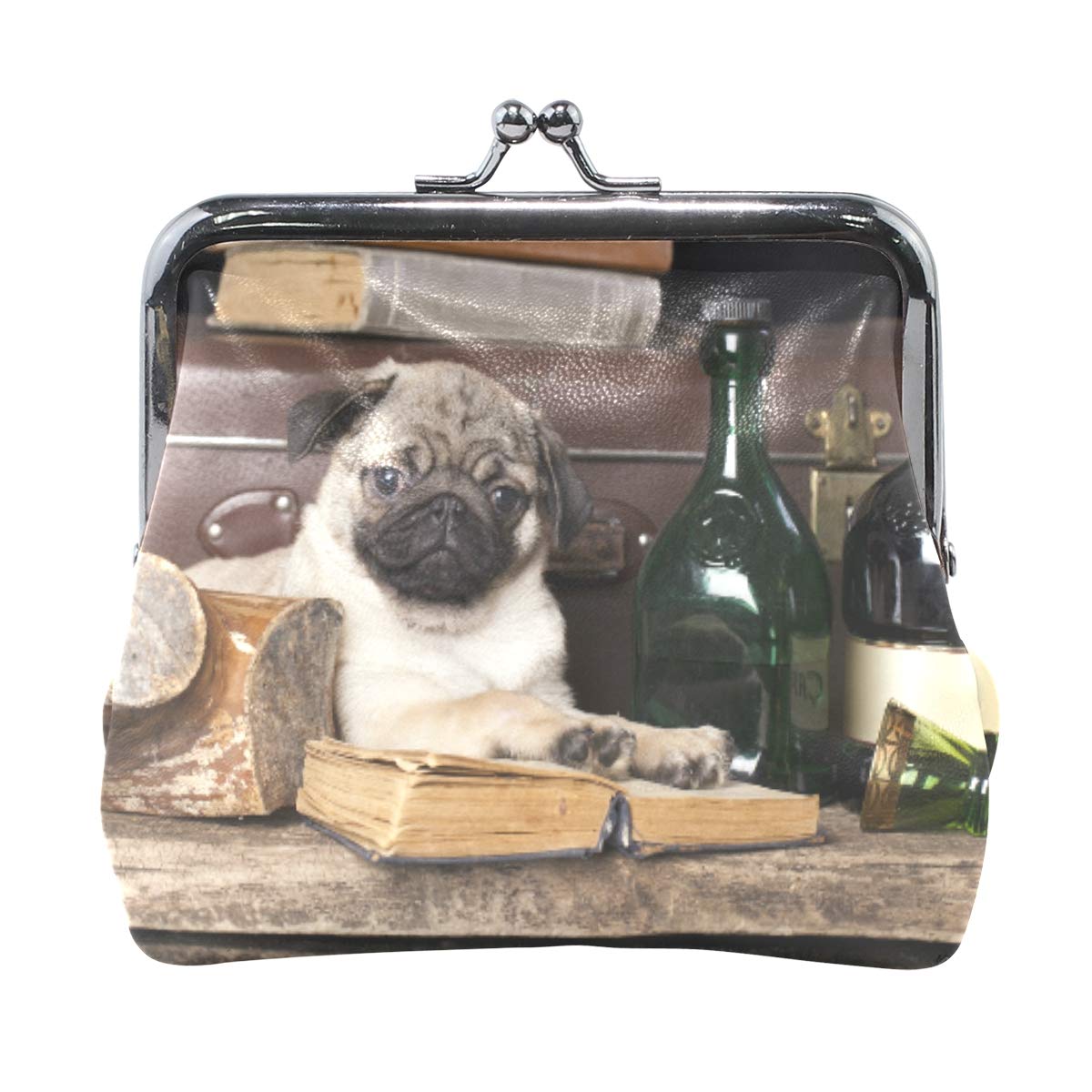 AJINGA Dog Pug Books Coin Purse Pumpkin Leather Coin Wallet Snap Closure Clutch Bag