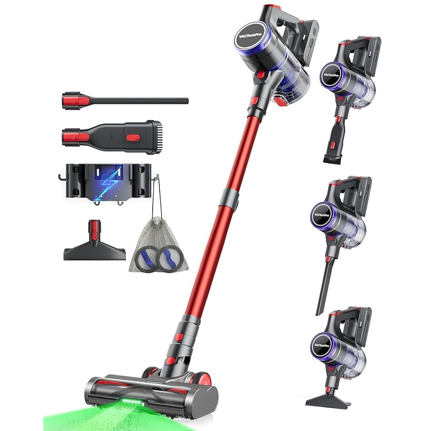 VACTechPro 48000Pa/550W/70Min Aspirapolvere Senza Fili, 1.6L Scopa Elettrica Senza Fili Super Silenzioso, GreenSight™ Aspirapolvere Senza Fili Potente con Sistema di Filtraggio a 8 Strati, Rosso Scuro