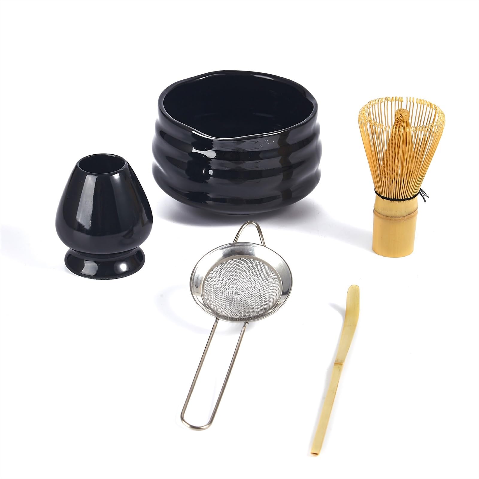 SXYAO 5-Piece Set Matcha Whisk Set Handmade Bamboo Tea Pick Ceramic Stand Bowl Chinese Matcha Kit Traditional Ceremonial Easy to Operate Beginner(Black)