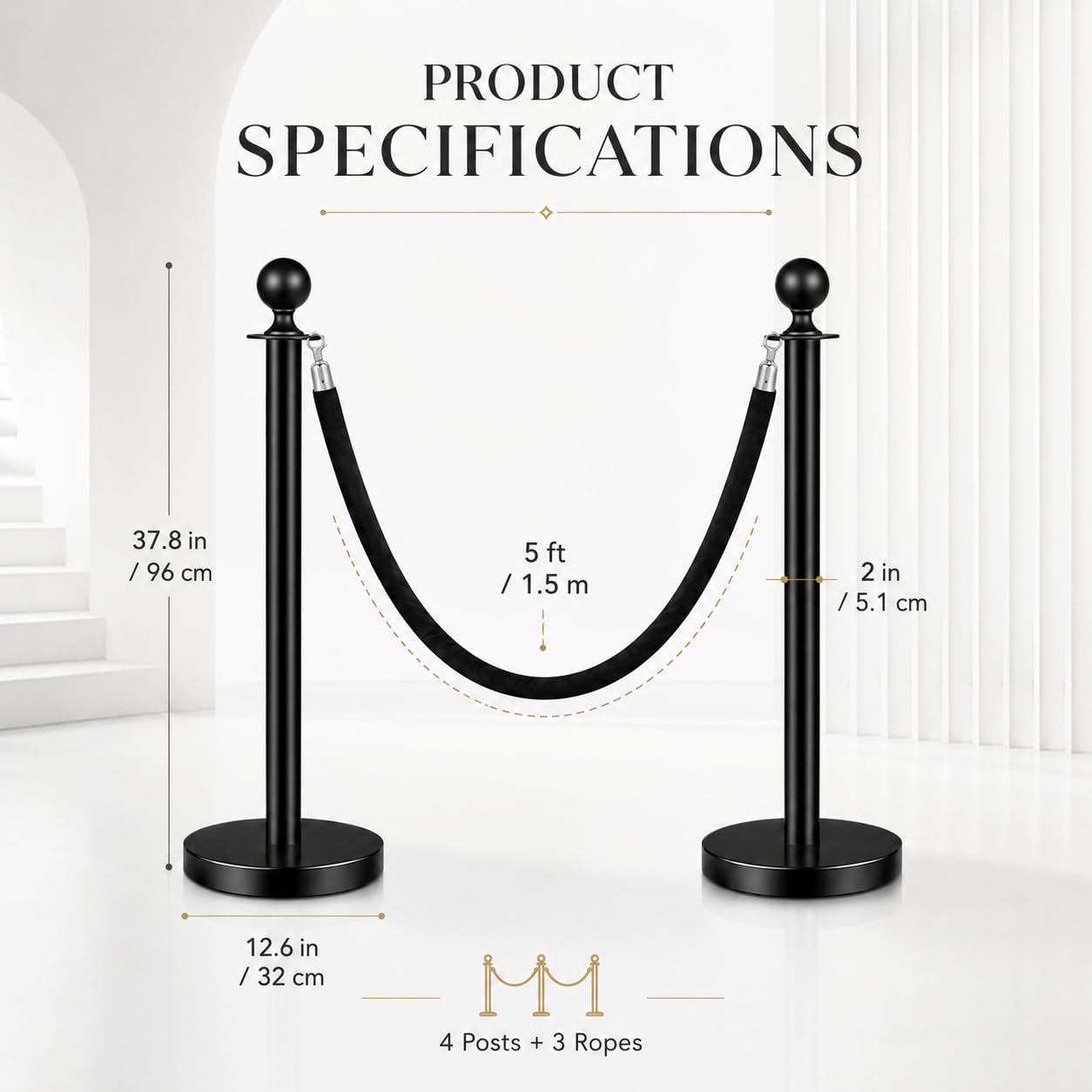 Stainless Steel Barrier Posts with Rope - Barrier Stand Ball Head Person Guide System for Events, Garden & Lawn - Decorative, Black, 8 Pieces