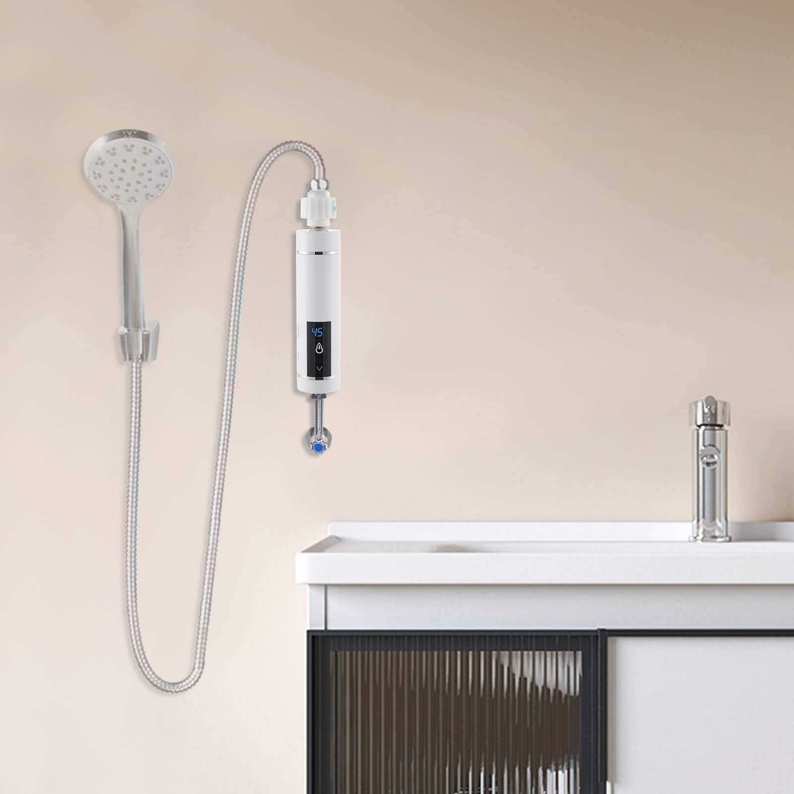 Calentador de agua eléctrico instantáneo compacto para montaje en pared, calefacción instantánea con control de temperatura inteligente para cocinas y baños (blanco)