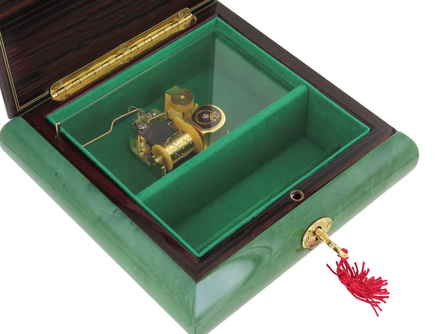 Caja de música para joyas / joyero musical de madera teñida verde claro con marquetería ángel y mecanismo musical de resorte de 18 notas - La vie en rose - La vida en rosa (Louiguy / Edith Piaf)