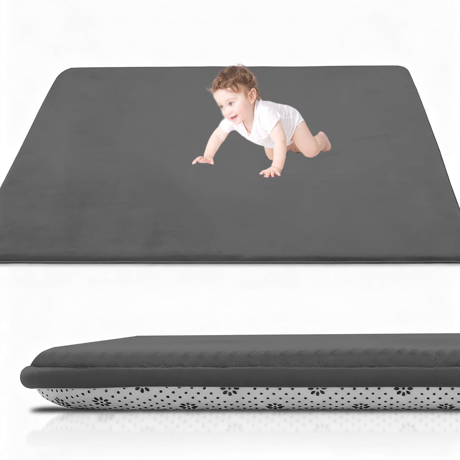 XUEGAIXIA Coral Velvet Baby Play Mat, 2CM Thick Baby Crawling Mat 200 x 240 cm Dark Grey Nursery Rug for Crawling & Playing for Bedroom, Kids Room, Playmat Non-slip Nursery Babies Mats for Floor Play