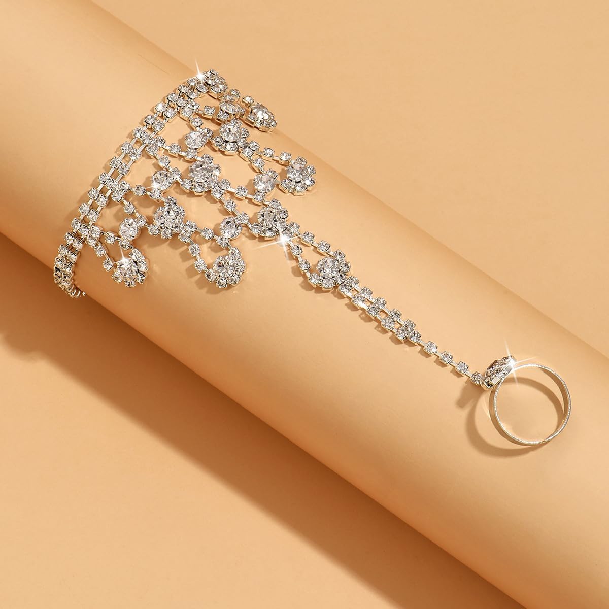 Chargances Bridal Crystal Finger Ring Bracelet Silver Rhinestone Flower Shape Hand Chain Bangle Wedding Hand Harness Hand Accessories for Women (Style 2) - Image 5