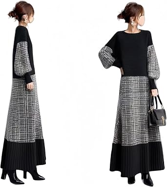 YUANYUAN Womens Knit Dunking Dress, Plaid Dress, Winter Dress, Spring Clothes, Autumn Clothes, Winter Clothes, Round Neck, Lantern Sleeves, Long Sleeves, Color Matching, A-Line, Pleated, Casual