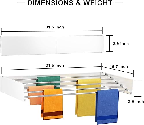 Miniatura 5 de Estante de secado de pared, estante de secado de ropa montado en la pared, 31.5 pulgadas de ancho, 13.2 pies lineales, 5 varillas de aluminio de 60