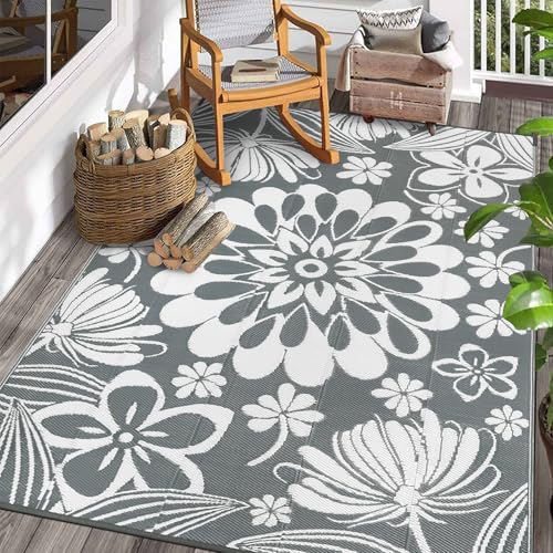Ileading Outdoor Plastic Straw Rug 6x9ft Funny Floral Style Reversible Patio Area Rugs Waterproof Non Shedding Portable Carpets for Rv Outside Deck Pool Beach Picnic Camping Grey