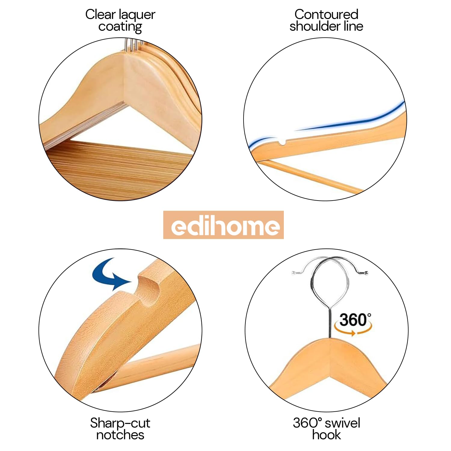 edihome, Grucce Legno, Confezione da 20, Appendiabiti con Scanalature su Spalle, Gancio Girevole a 360° e Barra Portapantaloni Antiscivolo, per Completi Camicie Cappotti (Legno, 20 unità)